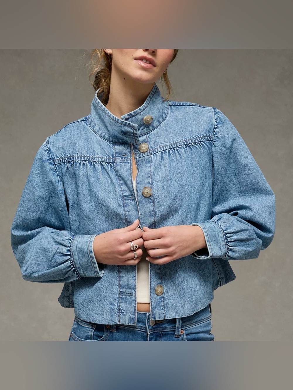 American Eagle Cropped Denim Jacket Women’s Medium Blue Puff Sleeve Button Front